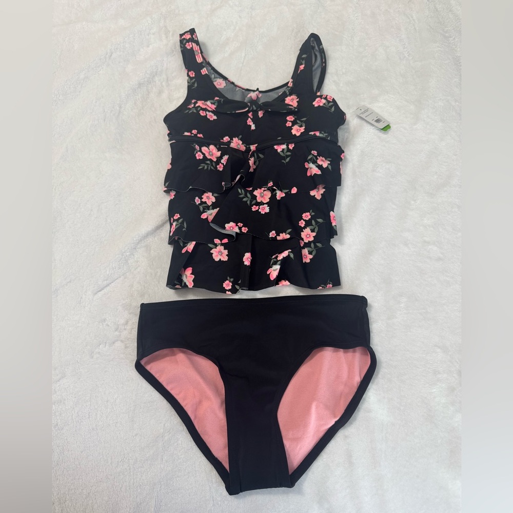 JUSTICE Girls Swimsuit Tankini Black Floral Bikini Size 12